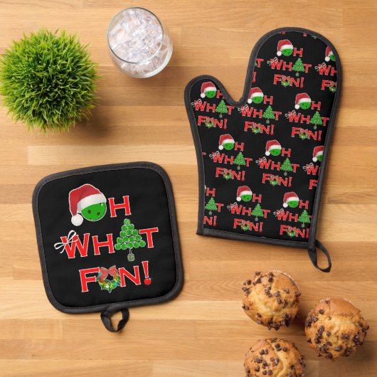 Pickleball Keuken Oh Wat leuk Kerst Zwart Ovenwant & Pannenlap Set (Top down)