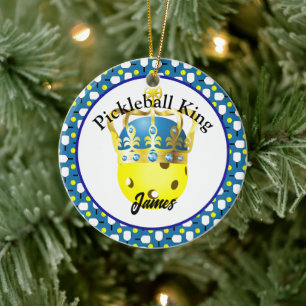 Pickleball King Gepersonaliseerd Geel, Blauw, Wit Keramisch Ornament
