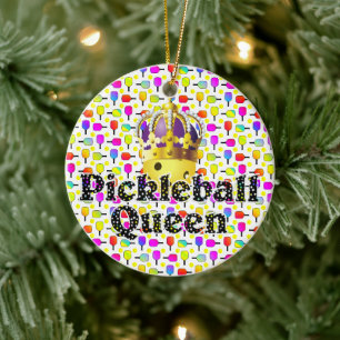 Pickleball Koningin Gele Bal in Kroon Kleurrijk Keramisch Ornament