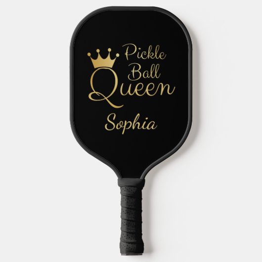 Pickleball Koningin Zwart en Goud Met Naam Paddle (Voorkant)