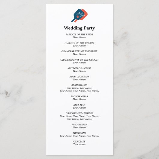 Pickleball liefhebbers bruiloft ceremonie programm programmakaart (Achterkant)