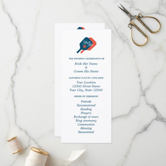 Pickleball liefhebbers bruiloft ceremonie programm programmakaart (Voorkant / Achterkant in situ)