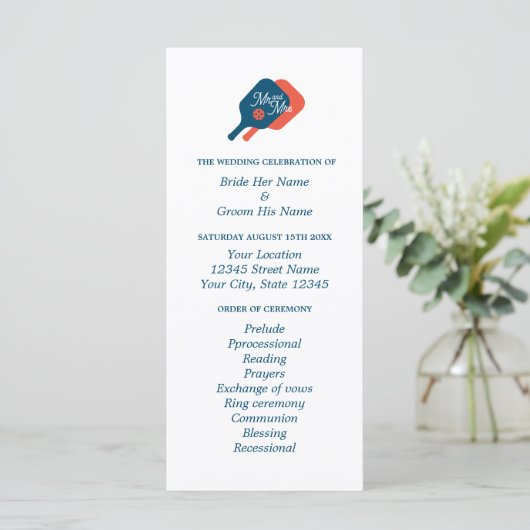 Pickleball liefhebbers bruiloft ceremonie programm programmakaart (Staand voorkant)