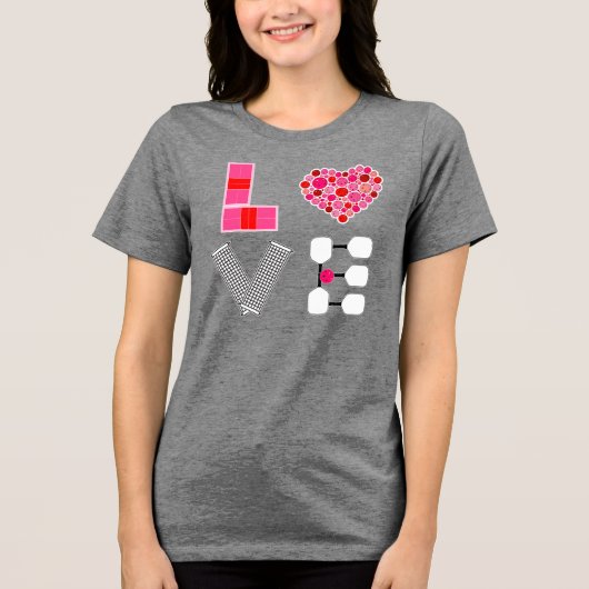 Pickleball Love Heart Court Balls Paddles Roze Roo Tri-Blend Shirt (Voorkant)