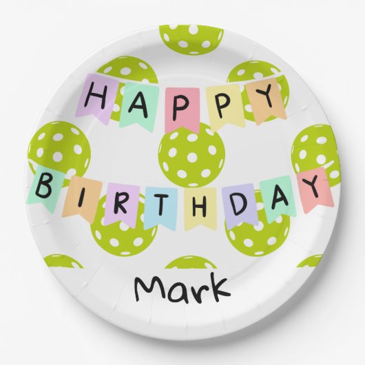 Pickleball met banner voor gelukkige verjaardag papieren bordje (Voorkant)