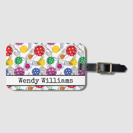 Pickleball met 🦜 papegaaien, witte lug Bagagelabel (Voorkant (horizontaal))