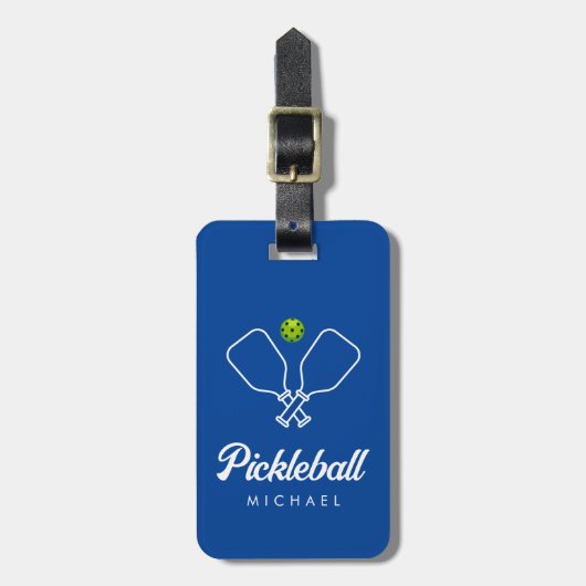 Pickleball met peddels & bal Gepersonaliseerd blau Bagagelabel (Voorkant verticaal)