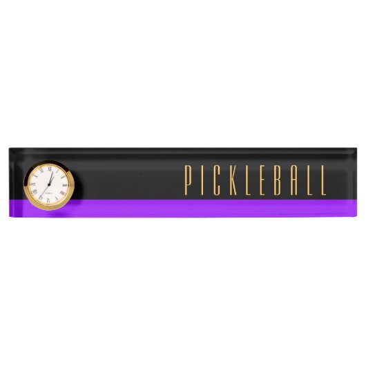 PICKLEBALL Moderne Zwarte Paarse Kleurenblok Klok Naambordje (Voorkant)