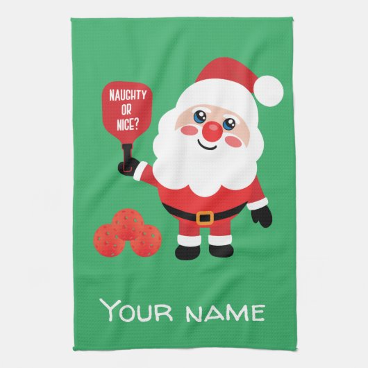 Pickleball Naughty of nice Santa green Theedoek (Verticaal)