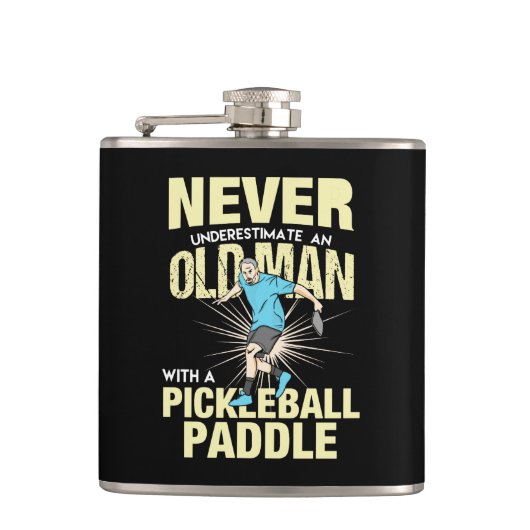 Pickleball - Oude man met een pickleball-paddle Heupfles (Voorkant)