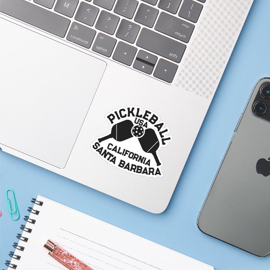 Pickleball Paddle Ball Santa Barbara CA Custom Sticker (Laptop met iPhone)