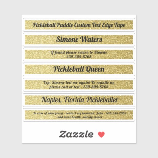 Pickleball Paddle Edge-tape - aangepaste naam Gold Sticker (Vel)