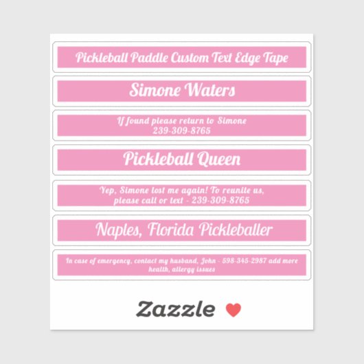 Pickleball Paddle Edge-tape aangepaste tekst roze Sticker (Vel)