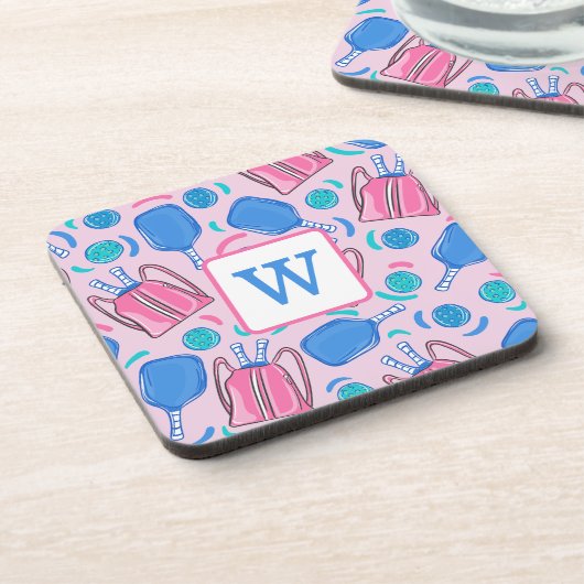 Pickleball Paddles and Balls Pink Preppy Initiaal Bier Onderzetter (Linkerzijde)