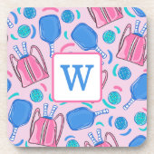 Pickleball Paddles and Balls Pink Preppy Initiaal Bier Onderzetter (Voorkant)