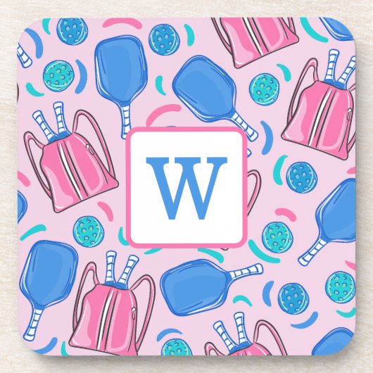 Pickleball Paddles and Balls Pink Preppy Initiaal Bier Onderzetter (Voorkant)