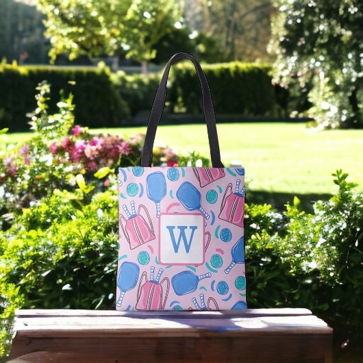 Pickleball Paddles and Balls Pink Preppy Initiaal Tote Bag