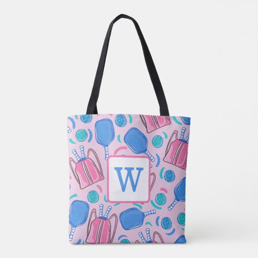 Pickleball Paddles and Balls Pink Preppy Initiaal Tote Bag (Achterkant)