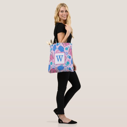 Pickleball Paddles and Balls Pink Preppy Initiaal Tote Bag (Op model)