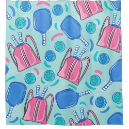 Pickleball Paddles en Balls Blue Preppy Douchegordijn