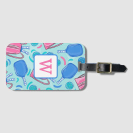 Pickleball Paddles en Balls Blue Preppy Initiaal Bagagelabel