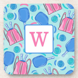 Pickleball Paddles en Balls Blue Preppy Initiaal Bier Onderzetter