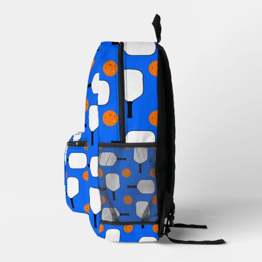 Pickleball Paddles en Oranje Pickleballs op blauw Bedrukte Rugzak (Rechts)
