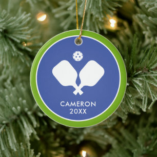 Pickleball Paddles Logo Blauw Groen Gepersonalisee Keramisch Ornament