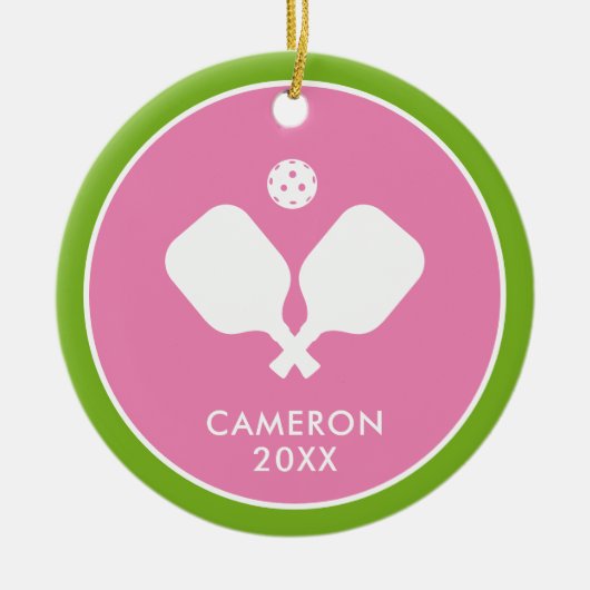 Pickleball Paddles Logo Roze Groen Gepersonaliseer Keramisch Ornament (Voorkant)