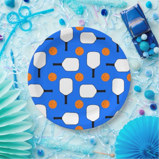 Pickleball Paddles, Oranje Pickleball Balls, blauw Papieren Bordje (Feest)