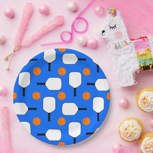 Pickleball Paddles, Oranje Pickleball Balls, blauw Papieren Bordje (Feest)