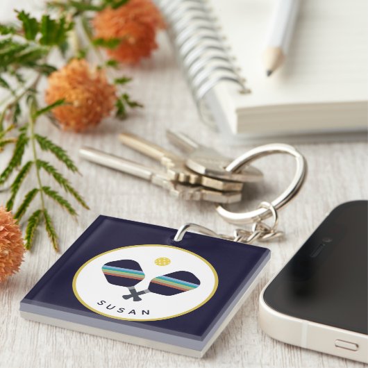 Pickleball Paddles Persoonlijke naam Blauw Geel K Sleutelhanger (Voorkant Rechts)