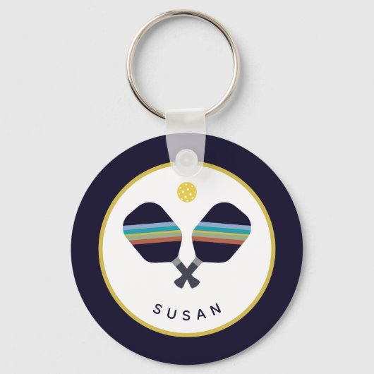 Pickleball Paddles Persoonlijke naam Blauw Geel Sleutelhanger (Voorkant)