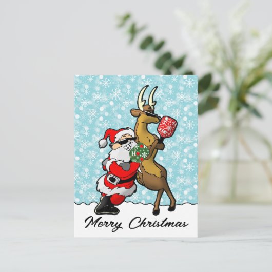 Pickleball Partners Santa & Rendier Sleighing It Briefkaart (Staand voorkant)