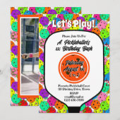 Pickleball Party Balloons Confetti Sinaasappel Fot Kaart (Voorkant / Achterkant)