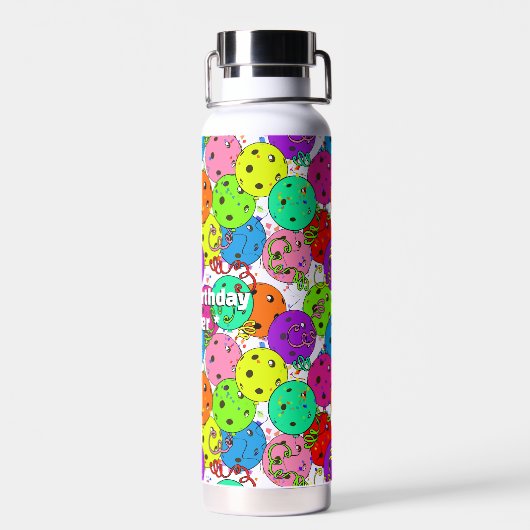 Pickleball Party Confetti en ballonnen personalise Waterfles (Achterkant)