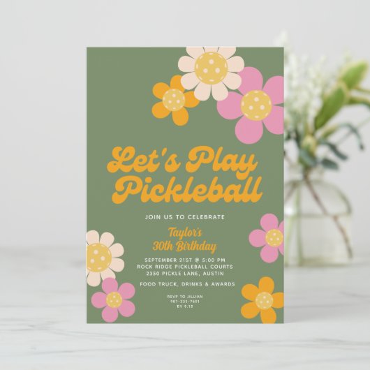 Pickleball Party Groovy Retro Roze Sinaasappel Kaart (Staand voorkant)