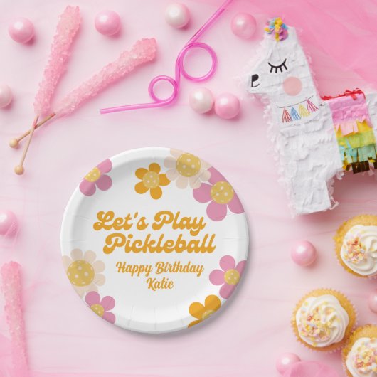 Pickleball Party Groovy Retro Roze Sinaasappel Papieren Bordje (Feest)