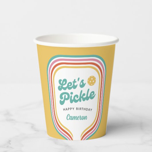 Pickleball Party Laten we Retro Rainbow Stripe bei Papieren Bekers (Achterkant)