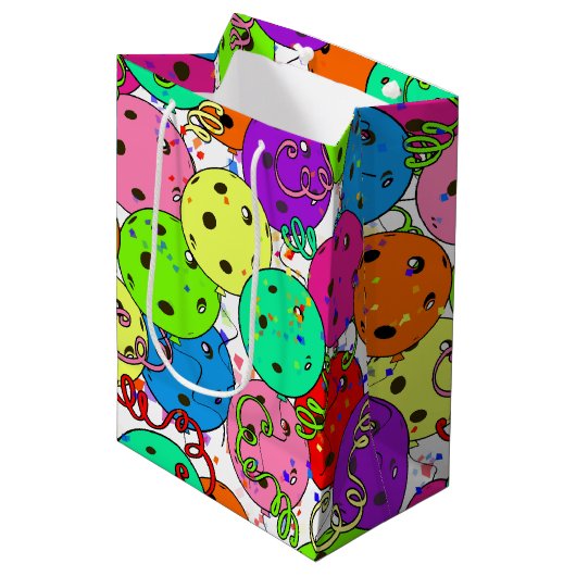 Pickleball Party Pickleball Ballonnen op Wit Medium Cadeauzakje (Voorkant Gekanteld)