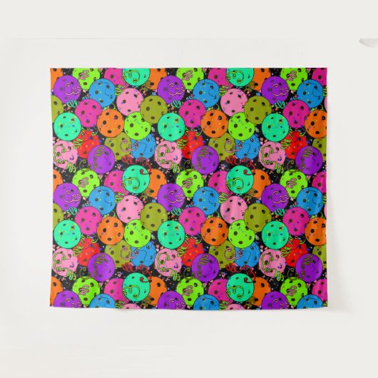 Pickleball Party Pickleball Ballonnen op zwart Wandkleed (Voorkant (horizontaal))