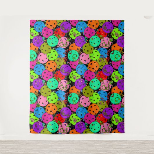 Pickleball Party Pickleball Ballonnen op zwart Wandkleed (Voorkant)