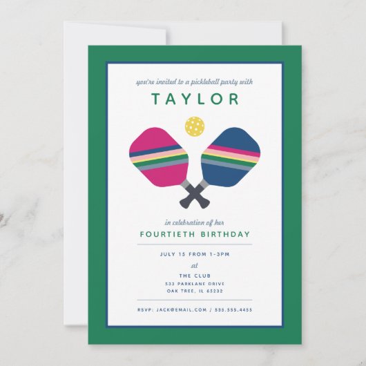 Pickleball Party Sports Blue Green Invitation Kaart (Voorkant)