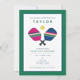 Pickleball Party Sports Blue Green Invitation Kaart