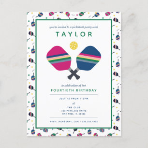 Pickleball Party Sports Blue Green Invitation Post Briefkaart