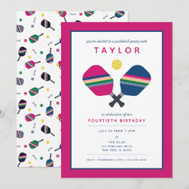 Pickleball Party Sports Blue Green Pink Uitnodigin Kaart