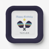 Pickleball Party Sports Dark Blue Striped Paddles Papieren Bordje (Voorkant)