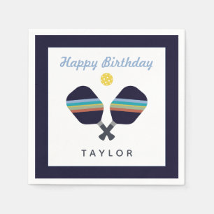 Pickleball Party Sports Dark Blue Striped Paddles Servet