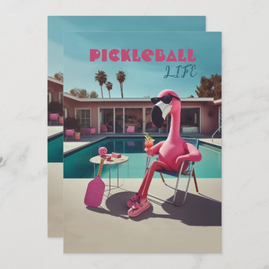 Pickleball Party Toernooi Uitnodigingen Flamingo (Voorkant / Achterkant)