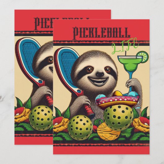 Pickleball Party Toernooi Uitnodigingen Luiaard (Voorkant / Achterkant)